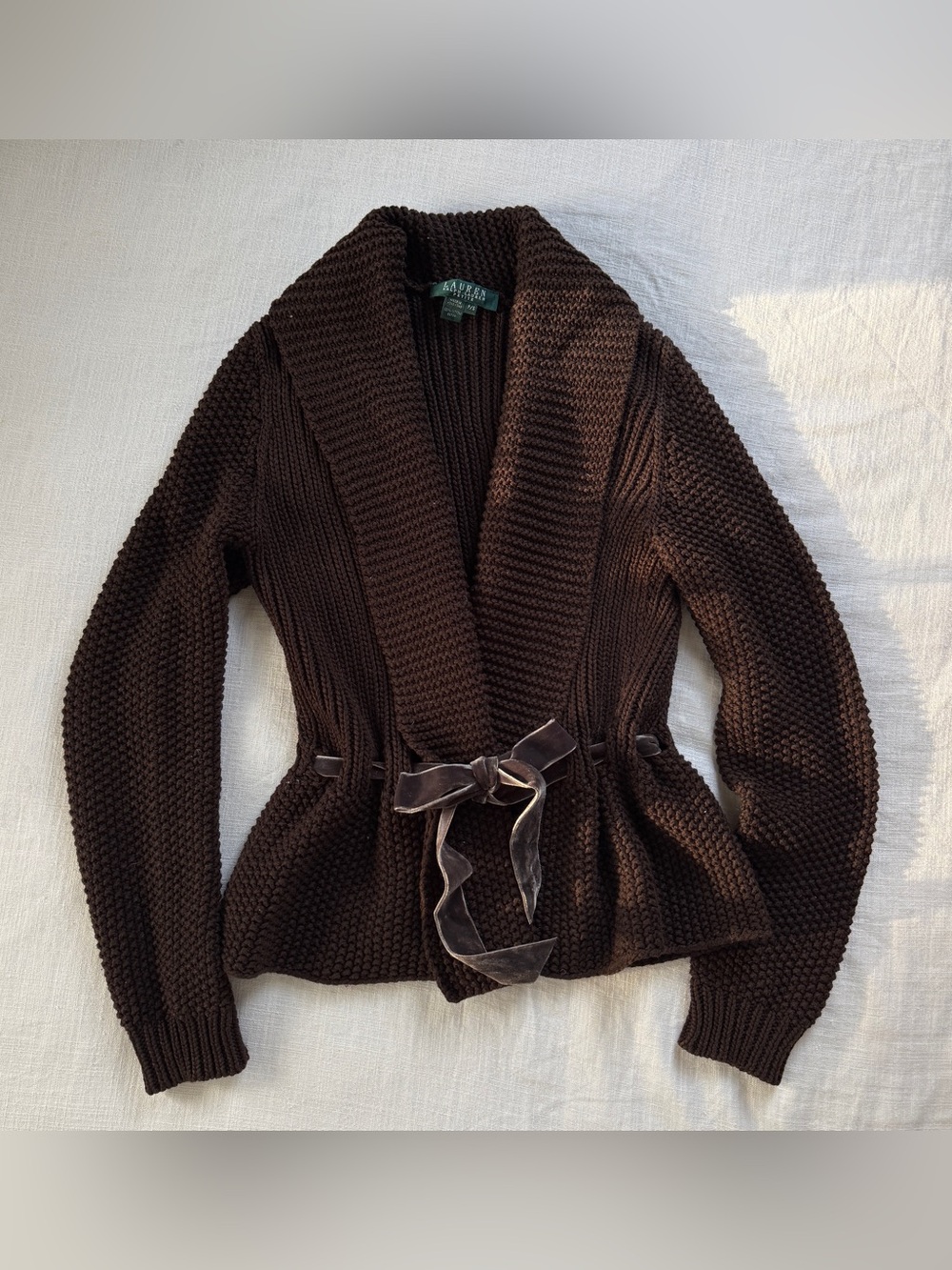 Vintage Lauren Ralph Lauren Brown Textured Knit Velvet Tie Cardigan S